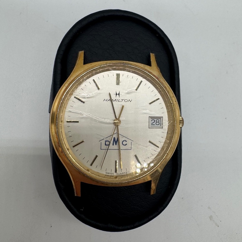 Hamilton Swiss Quartz Watch 9812 Gold Tone DMC Logo Date Vintage Head Only